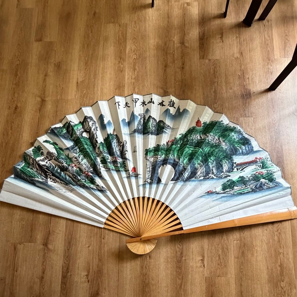 Large Chinese Folding Wall Fan Hand Painted Mountain Landscape Bamboo Decor